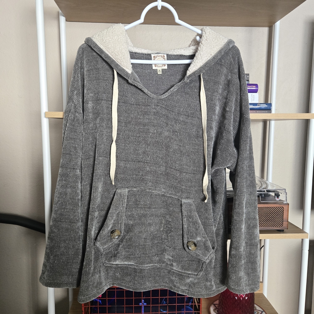 Boho Oversized Corduroy Knit Hoodie Sweater Sherpa Lined Hood Gray Pullover M